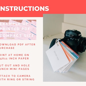 May include: A black camera with a lens sits beside a stack of small, colourful cards held together with a ring. The cards are labelled "THE POSING BOOK". The image also includes instructions: "EXAMPLE OF PRINTED PDF COMPACT SIZE".
