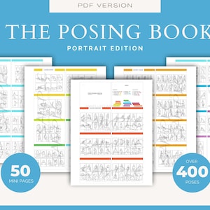 Pode incluir: Uma coleção de livros abertos com desenhos de poses, intitulada "The Posing Book Portrait Edition". A imagem mostra mais de 400 poses em 50 mini páginas. O fundo é azul claro.