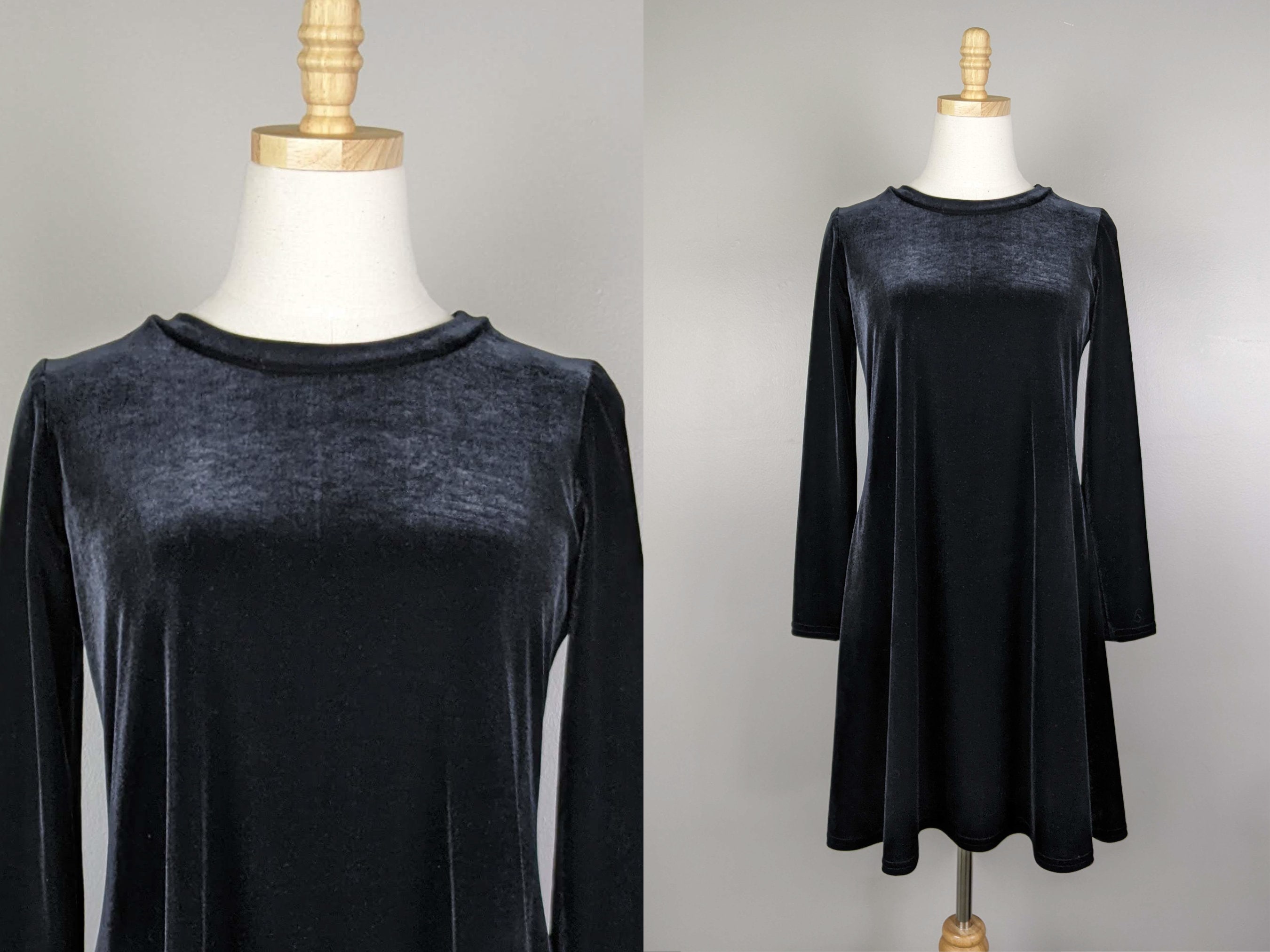 90s Long Sleeve Black Velvet Mini Dress by KC Spencer, Bust