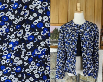 90s blue, white, and black silk floral blazer by Albert Nipon, Bust 40, Waist 33, Fits like size L