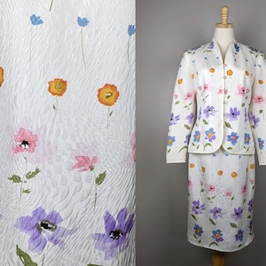 Lovely 90s floral silk suit set | White blazer and skirt | Anne Crimmins for Umi Collection | Blazer M/L Skirt XS/S