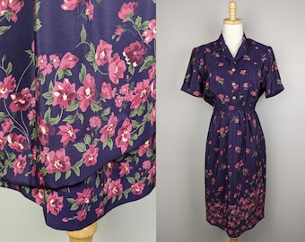 Plum colored floral 90s shirtdress by Leslie Fay, Bust 37, Elastic waist 24-34, Hips 36, Fits like size S