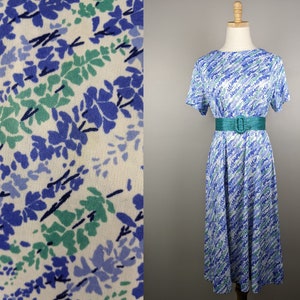 Purple and mint green floral 80s house dress by CB New York, Bust 40, Waist 37, Hips 41, Fits like size M