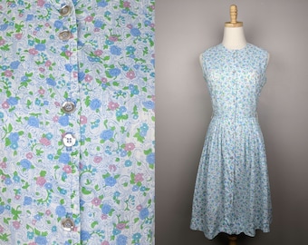 Blaues ärmelloses geblümtes 50er Jahre Kleid, Oberweite 36, Taille 26, Passt wie Größe XS
