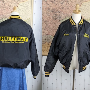 80s black Thriftway employee jacket embroidered with &quot;Carol&quot;, Bomber jacket, Bust 44, Waist 38, Fits like size XL