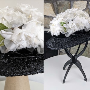 60s/70s black and white floral church hat, Inside brim circumference 21 inches, Height 4 inches