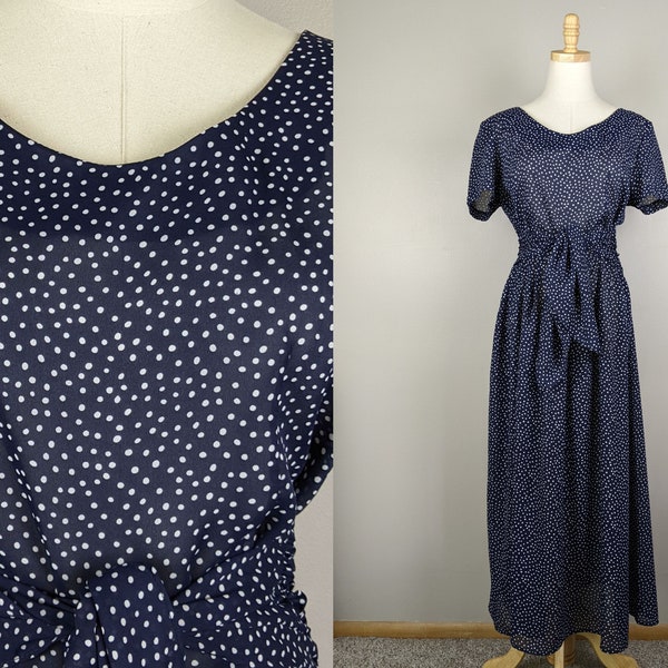 80s blue and white sheer polka dot maxi dress, Lightweight summer dress, J.S. Edwards, Bust 39, Waist 31, Fits like size M