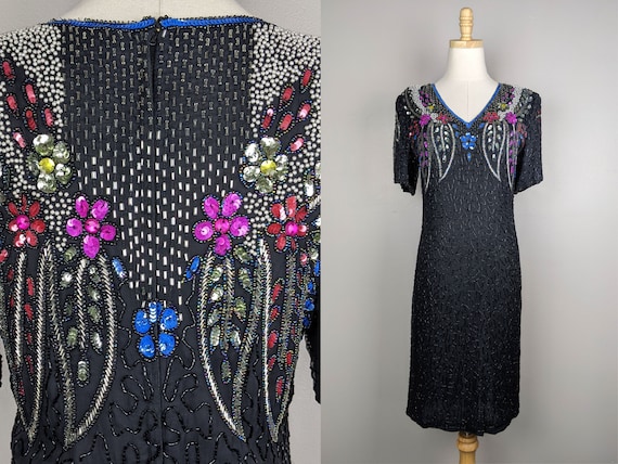 80s black and multicolored beaded dress by Carina… - image 1