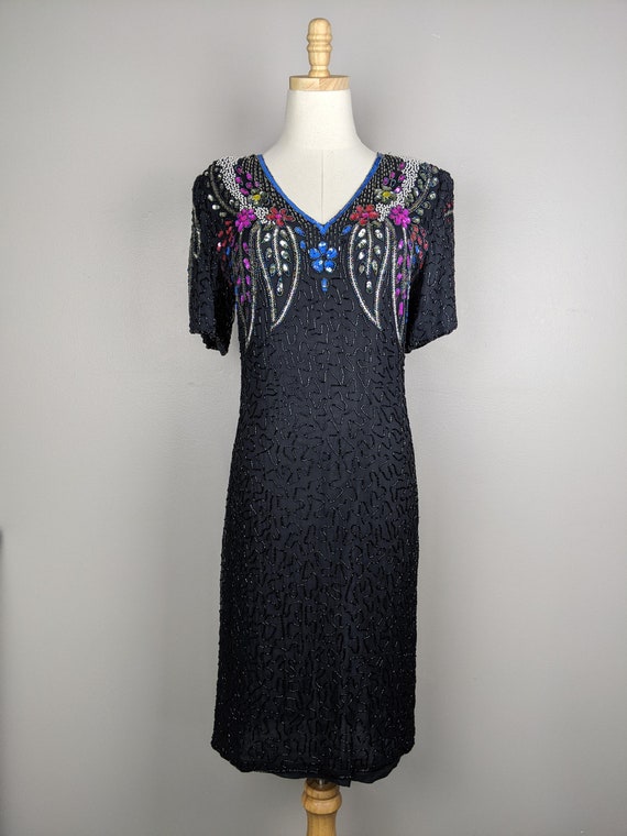 80s black and multicolored beaded dress by Carina… - image 2