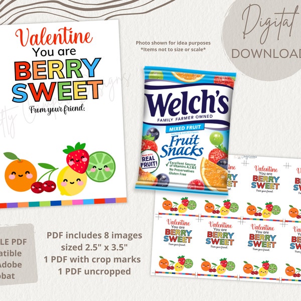 Fruit Snacks Valentine Gift Tag | Berry Sweet Valentine's Day | Editable Valentine Treat Bag Tag | Printable Valentine Gift Tag