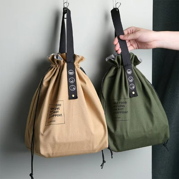 Insulated Lunch Bag | Bento Bag | Eco Friendly Travel Lunch Bag | Japanese Style Canvas Bag | Drawstring Bag With Handles | Picnic Bag