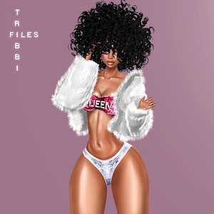 May include: A woman with curly black hair is wearing a white faux fur jacket, a pink sequined bra with the word "QUEEN" on it, and white sequined underwear.