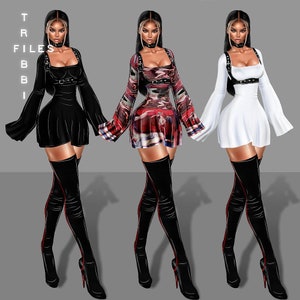 Pode incluir: Três ilustrações de mulheres vestindo roupas diferentes. Cada mulher está vestindo um vestido curto de mangas compridas e botas de cano alto. Os vestidos são preto, branco e com uma estampa colorida. Cada mulher está usando um colar preto de choker e um arnês preto com fivelas.