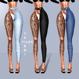 May include: Three pairs of jeans with different coloured legs. The left pair is light blue, the middle pair is black, and the right pair is dark blue. All three pairs have a white panel on the front and a lion tattoo on the leg.