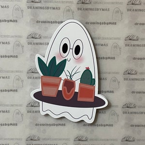 Pegatina de fantasma con plantas, fantasma espeluznante, pegatina de vinilo nerd, pegatinas de Boo, vibraciones espeluznantes, pegatinas de Kindle, regalo para amantes de los libros, pegatina para portátil