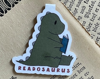 Dinosaur with Book Magnetic Bookmark | Bookish, Bookstagram, Booktok, Dragon Lover | One More Chapter | Gift for Reader | Cozy Bookmark