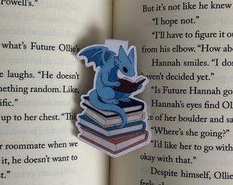 Blue Dragon Bookmark, Reading on a Book Stack | Cozy Fantasy Gift for Readers
