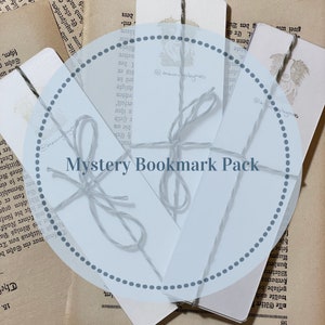 Puede incluir: Un conjunto de tres marcapáginas blancos atados con un cordel. Los marcapáginas están en blanco y tienen un círculo azul claro alrededor con el texto "Mystery Bookmark Pack".