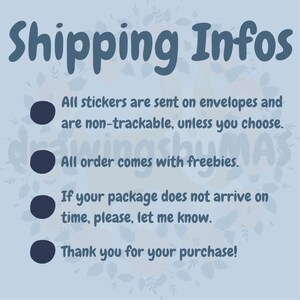Puede incluir: Gr&aacute;fico azul claro con el texto "Shipping Infos" en una fuente caprichosa. El texto proporciona informaci&oacute;n sobre pedidos de pegatinas, incluidos los detalles de env&iacute;o y un mensaje de agradecimiento.