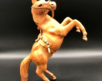 Leather Wrapped Rearing Horse Sculpture Figurine