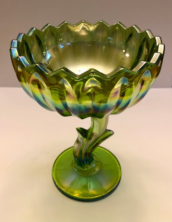 Green Carnival Glass Pedestal Bowl Indiana Glass Lotus Etsy