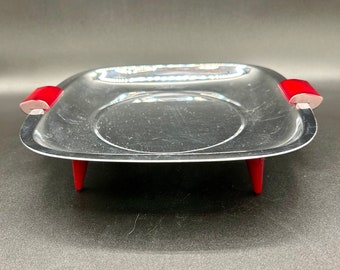 Glo-Hill Chrome Serving Tray with Red Bakelite Handles and Feet