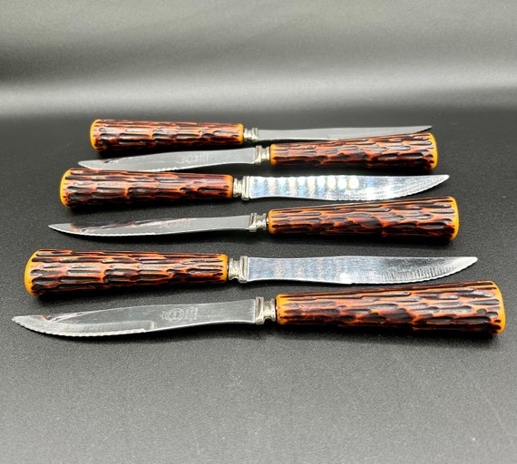 Lifetime Cutlery Stainless Steel Steak Knife Set of 2 Knives. Faux Stag  Handles.