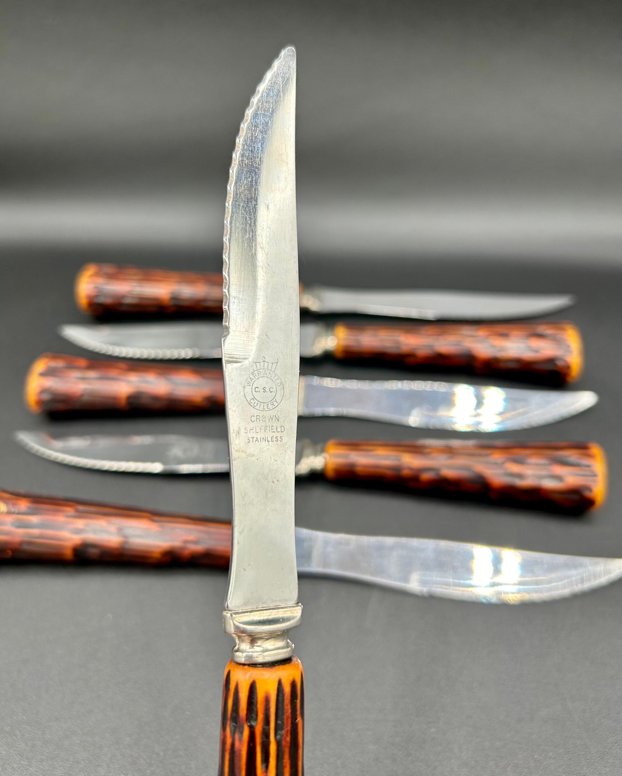 Crown Sheffield Stainless Serrated Steak Knives With Faux Stag Horn Handles  Set of 6 
