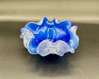 Murano Barovier Toso Cobalt Blue Dish with Rolled Edges and Silver Flake