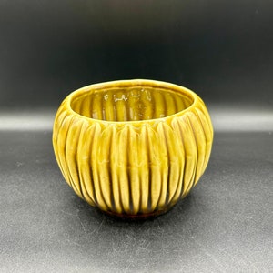 May include: A green ceramic planter with a ribbed design. The planter is round and has a wide opening.