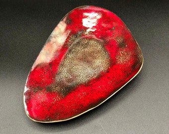 Enamel on Copper, Red and Gold Triangular Dish - Signed and Dated 1973