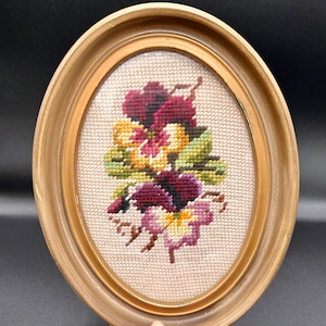 Vintage Oval Framed Needlepoint Purple Pansies