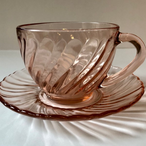 Arcoroc France Rosaline Swirl Blush Pink Teacup and Saucer