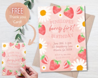Invitación de primer cumpleaños de Berry, invitación de fiesta de fresa, fiesta de cumpleaños de Daisy, plantilla de invitación de primer cumpleaños