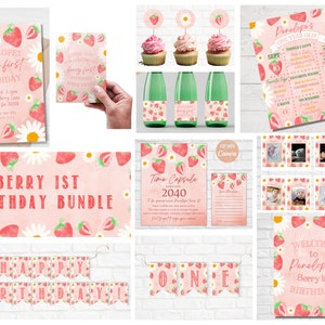 Beere erste Geburtstagseinladung BUNDLE - Vorlagenbundle - Einladungsvorlage - Willkommensschild - Meilensteinplakat - bearbeitbare Vorlage