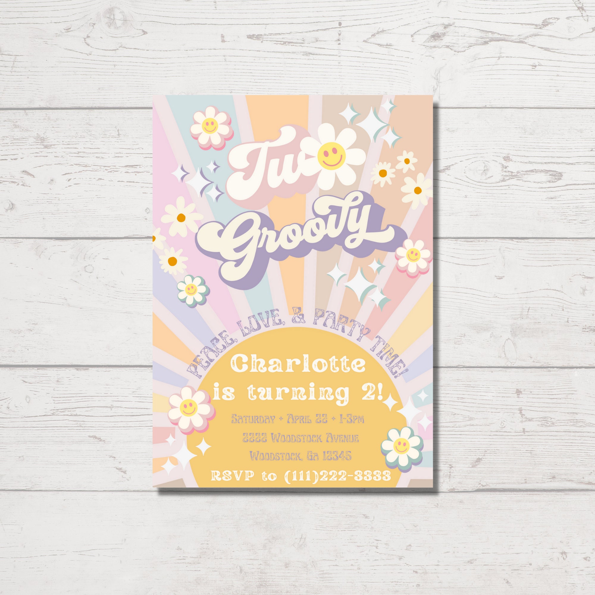 Two Groovy Birthday Party Invitation Editable Daisy Retro Birthday ...