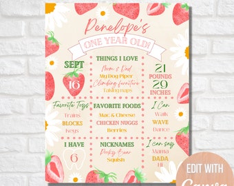 Puede incluir: Un gráfico de hitos del primer cumpleaños para imprimir con temática de fresa. El gráfico incluye el nombre del niño, Penelope, y detalles sobre su primer año, incluyendo su fecha de nacimiento, peso, altura, comidas favoritas, juguetes y cosas que le gustan. El gráfico está decorado con ilustraciones de fresas, flores y un diente.