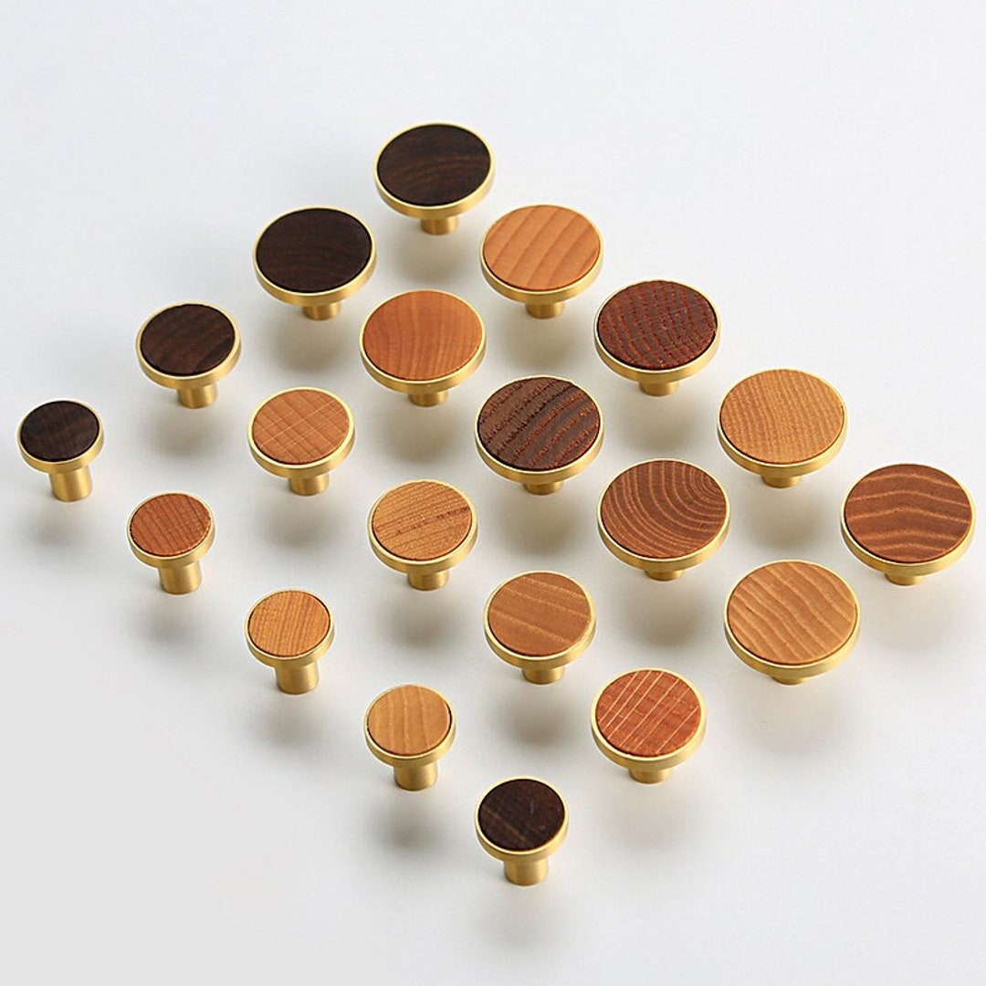 Wood Flat Knobs Oak Wood Round Pulls Wood Brass Door Etsy