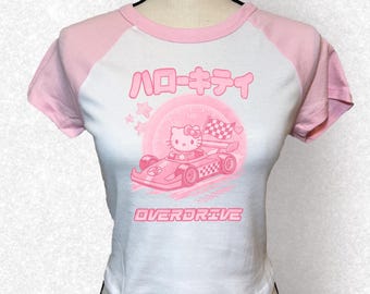Kawaii Go Kart Graphic Tee – Japanese Streetwear Baby Tee Crop Top – Pink Y2K Aesthetic Shirt