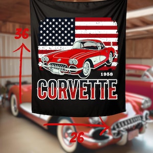 Vintage Corvette Wall Tapestry, Retro American Flag Decor for Car Enthusiasts, 1958 Classic Car Tapestry, Unique Man Cave Art, Corvette Home