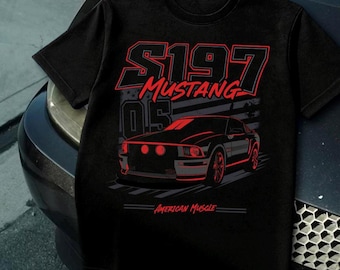 Camiseta Mustang S197 05-09, negra y roja, unisex, regalo para entusiastas del muscle car americano.