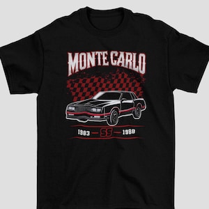 1983-1988 モンテカルロ SS Tシャツ - レッド & ブラック レトロ レース チェッカーフラッグ デザイン | ユニセックス クラシック カー T シャツ