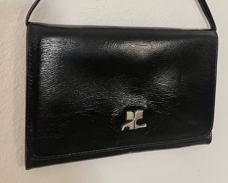 COURREGES VINTAGE POUCH 1960 black leather with small strap image 1