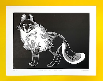 Impressão de lino de raposa ártica, impressão de linogravura de raposa ártica, presente para ele ou ela, arte de pele de cauda de orelhas de raposa, presente veterinário, pôster de raposa, pintura de raposa, raposa