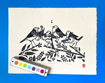 Impressão de linogravura original Robins, impressão de arte de pássaro, impressão de animal, impressão de música, decoração de berçário, arte de parede de berçário, impressões de arte para crianças e bebês, feito à mão