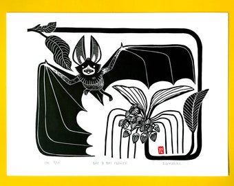 Linocut Bat Wall Art, Goth Decor, Goth Wall Art, Lino Print, Cute Bat Open Wings and Bat Flower Artwork, Original Botanical Wall Art
