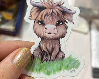 Highland Cow Sticker, animal stickers, cow stickers, cow art, kids stickers, laptop sticker, water bottle sticker, whimsical animal art