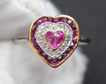 Vintage Ruby and Old Rose Cut Diamond Platinum and Gold Heart Ring