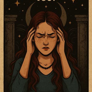 May include: A vintage tarot reading poster with the text "WHAT'S BLOCKING YOU?" and "TAROT READING". The illustration depicts a woman with long brown hair, holding her head, against a night sky background with stars and a crescent moon.