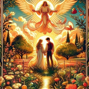 May include: The Lovers tarot card depicts a couple standing in a garden with a winged angel above them. The scene is bathed in warm, golden light, with lush greenery and colorful flowers.